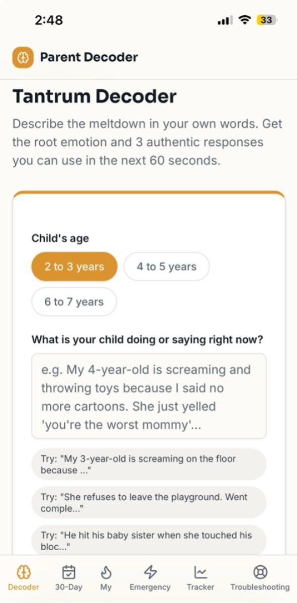 Parent Decoder app showing a tantrum analysis and practical response guidance